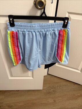 Light Blue Women's Athletic Shorts with Rainbow Side Stripes